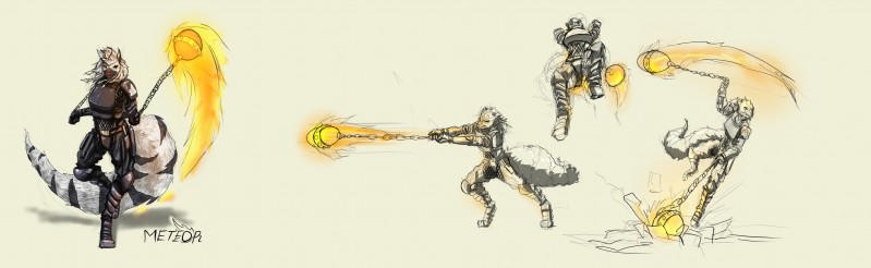 action_pose anthro armor attack chainmail dual_wielding fantasy_weapon female fire flaming_weapon fluffy fluffy_tail green_eyes holding_object holding_weapon jumping magic_weapon meteor_hammer pose solo standing stripes tail weapon arks_sadinian saorsa aardwolf ferax hyena mammal 2019 absurd_res hi_res official_art