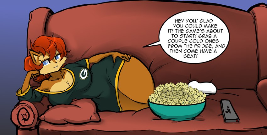 anthro big_breasts breasts cleavage clothed clothing controller curvy_figure exposure_variation female food hand_on_hip hourglass_figure lying on_side popcorn remote_control shirt solo t-shirt text topwear wisconsin hayakain archie_comics green_bay_packers nfl sega sonic_the_hedgehog_(archie) sonic_the_hedgehog_(comics) sonic_the_hedgehog_(series) sally_acorn chipmunk ground_squirrel mammal rodent sciurid digital_media_(artwork) english_text