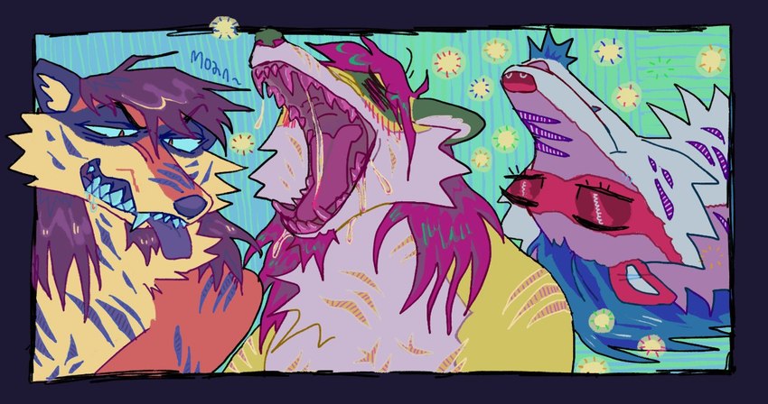 abstract_background anthro eyes_closed grin lying male moan on_back open_mouth sharp_teeth smile solo teeth guncht mammal species_request colorful_theme