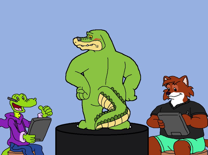 anthro black_nose blush bottomwear butt clothing green_body group hoodie humanoid_hands life_drawing male nude pants shirt shorts simple_background sitting slightly_chubby topwear thosekidsnextdoor101 brok_the_investigator cowcat_games brok_(brok_the_investigator) alligator alligatorid canid canine crocodilian fox mammal reptile scalie 2021