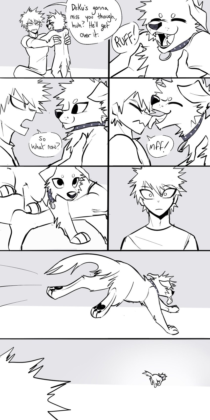 alternate_species circle_eyebrows collar dialogue duo eyebrows face_lick feral feralized furrification licking male pawpads paws snout square_crossover tongue pretty_werewolf my_hero_academia katsuki_bakugou canid canine canis domestic_dog human mammal 1:2 absurd_res comic hi_res