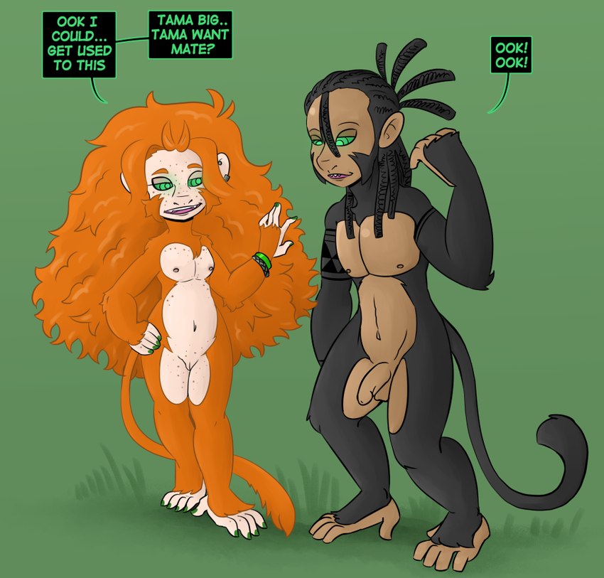 after_transformation anthro black_body black_fur brainwashing breasts brown_body colored_nails dreadlocks duo ear_piercing female fur genitals green_eyes hair implied_transformation long_hair male nails orange_body orange_fur orange_hair pale penis piercing pussy size_difference small_breasts smaller_female speech_bubble spiral_eyes tail text transformation mr-haitch cait_(mr-haitch) tama_(mr-haitch) haplorhine mammal monkey primate english_text