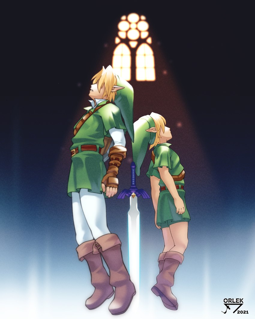 belt blonde_hair boots clothing duo fingerless_gloves footwear gloves hair handwear humanoid_pointy_ears light_body light_skin male master_sword melee_weapon not_furry pointy_ears shoes square_crossover sword weapon orlek nintendo ocarina_of_time the_legend_of_zelda link young_link humanoid hylian 2021 4:5 absurd_res hi_res signature