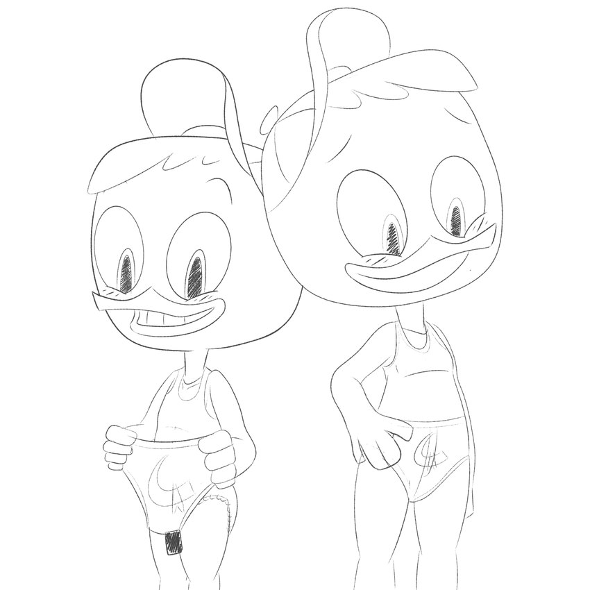 anthro beak blush blush_lines clothing hat headgear headwear male mostly_nude shirt shota solo tank_top topwear underwear young young_anthro young_male amorousartist disney ducktales ducktales_(2017) gizmoduck huey_duck anatid anseriform avian bird duck 1:1 absurd_res hi_res monochrome