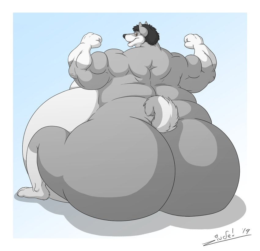 anthro back_muscles belly big_belly big_biceps big_butt big_feet black_hair butt feet flexing flexing_bicep flexing_both_biceps fur grey_body grey_fur hair huge_belly huge_butt hyper hyper_belly hyper_butt looking_at_viewer looking_back looking_back_at_viewer male morbidly_obese morbidly_obese_anthro morbidly_obese_male musclegut muscular muscular_anthro muscular_arms muscular_male nude obese obese_anthro obese_male overweight overweight_anthro overweight_male paws plantigrade rear_view simple_background sitting smile solo tail thick_thighs wide_hipped_male wide_hips juano mike_(th0mas) canid canine canis mammal wolf 2019 digital_media_(artwork) hi_res