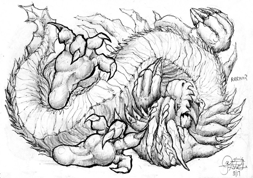 4_fingers 4_toes ambiguous_gender feet feral fingers frill_(anatomy) long_toes lying membrane_(anatomy) membranous_frill on_back silly soles solo tail tail_frill toes pinkgirlpen capcom monster_hunter lagiacrus leviathan_(mh) 2017 monochrome traditional_media_(artwork)