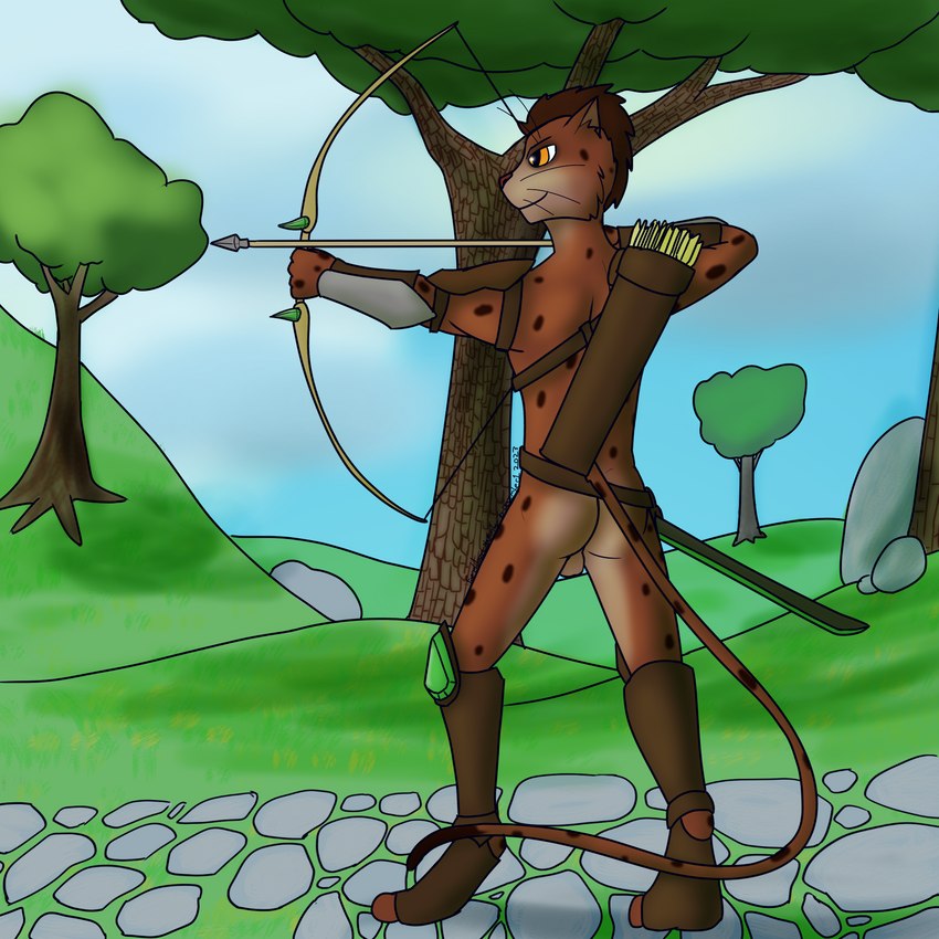 anthro armor backsack balls belt boots boots_only bow_(weapon) bracers butt clothing footwear footwear_only fur genitals looking_away male melee_weapon mostly_nude nude orange_eyes pauldron quiver_(object) ranged_weapon rear_view red_body red_fur shoes sholder_pads solo sword tail unconvincing_armor weapon wristwear wristwear_only fyreblazes microsoft the_elder_scrolls jbashaar felid humanoid khajiit mammal 1:1 hi_res