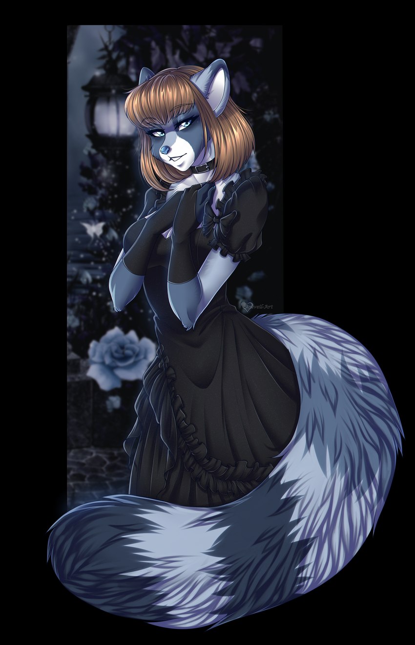 anthro black_clothing black_dress blue_body blue_eyes blue_fur blurred_background breasts brown_hair clothed clothing collar dress eyebrow_through_hair eyebrows eyelashes female flower fluffy fluffy_tail fur gloves grey_body grey_fur hair half-closed_eyes handwear looking_at_viewer narrowed_eyes plant short_hair simple_background smile solo standing street_lamp tail teeth translucent translucent_hair transparent_background white_body white_fur ariveil kira_petrov domestic_cat felid feline felis hybrid mammal procyonid raccoon 2021 absurd_res alpha_channel digital_media_(artwork) hi_res signature