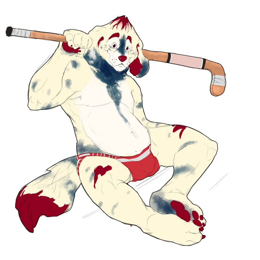 anthro bleu_cheese buffalo_sauce claws clothing dipstick_tail eyebrows fur fur_markings hockey_stick jockstrap male markings pawpads raised_eyebrows red_cheekdots red_claws red_eyebrows red_eyes red_hair_tips red_inner_ear red_nose red_pawpads red_tail_tip simple_background smile solo tail tail_markings underwear white_background rumash bleuliner buffalo_wing canid canine canis domestic_dog mammal molosser mountain_dog newfoundland_dog 1:1 colored digital_media_(artwork) hi_res