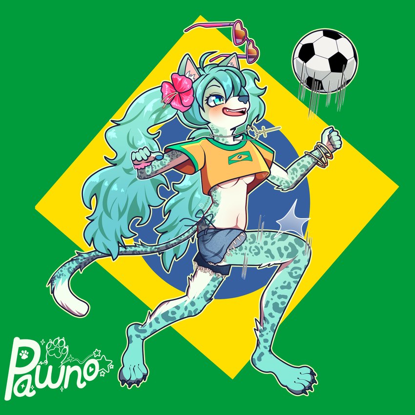 4_toes anthro ball barefoot blue_body blue_eyes blue_fur bracelet brazil brazilian_flag breasts clothing crop_top eyewear feet female flower fur glasses grin heart_glasses jewelry long_tail lotus_(flower) paws plant shirt smile soccer_ball solo tail toes topwear under_boob pawnoart brazilian_miku vocaloid hatsune_miku felid jaguar mammal pantherine 1:1 hi_res