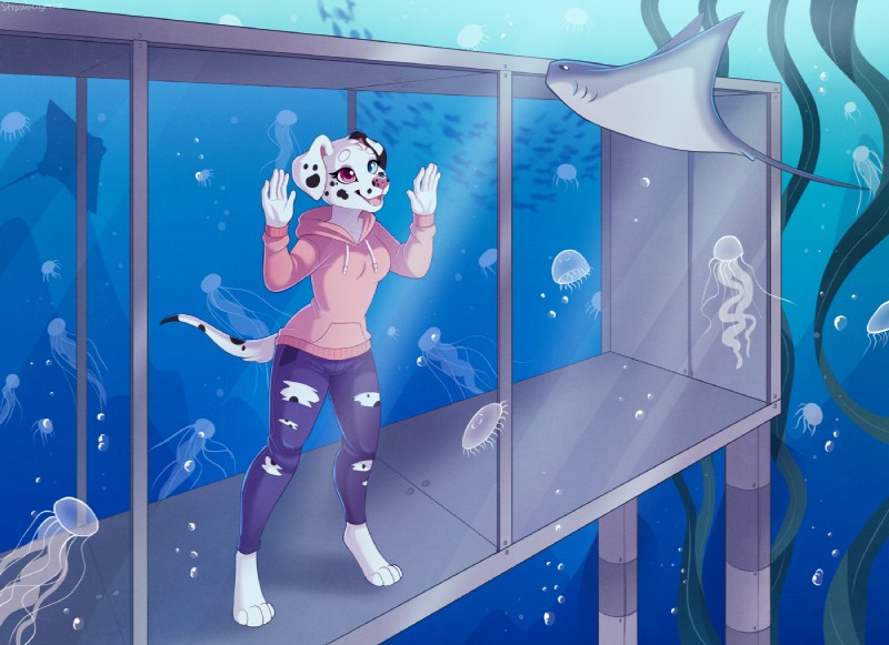 anthro black_body black_fur black_spots blue_eyes clothing female feral floppy_ears fur grey_body group heterochromia large_group markings pink_eyes spots spotted_body spotted_fur underwater water white_body white_fur strawberryneko canid canine canis cnidarian dalmatian domestic_dog fish jellyfish mammal marine medusozoan ray_(fish) stingray