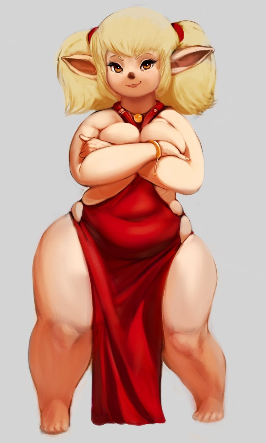 blonde_hair clothing crossed_arms dress female grey_background hair mature_female not_furry short_stack simple_background solo thick_thighs wide_hips vondranart final_fantasy final_fantasy_xi square_enix shantotto humanoid tarutaru 2022 hi_res