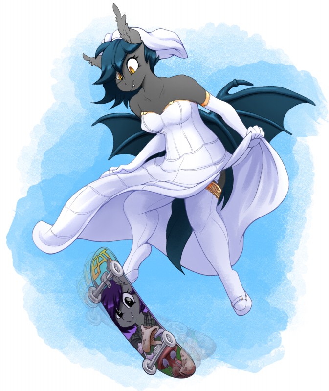 action_pose amber_eyes anthro armwear bat_wings clothing dress elbow_gloves fangs female gloves handwear heart_symbol legwear membrane_(anatomy) membranous_wings midair pose pupils skateboard slit_pupils solo stockings teeth vehicle veil wedding_dress wings replica_(artist) hasbro my_little_pony fan_character nolegs_(oc) speck_(nukepone) bat_pony equid mammal 2019 hi_res