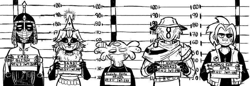 ambiguous_gender anthro female group male mugshot plant afuckingcamel-zenge-art_(artist) chucklefish starbound kenta_(afuckingcamel) apex_(starbound) elemental_creature elemental_humanoid flora_fauna floran glitch_(starbound) humanoid hylotl mammal novakid plant_humanoid primate black_and_white hi_res monochrome