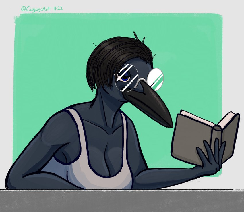 anthro beak black_body black_hair blue_eyes book breasts clothed clothing eyewear female fingers glasses hair holding_object reading shirt simple_background solo tank_top topwear cayugo avian bird corvid corvus_(genus) crow oscine passerine absurd_res digital_media_(artwork) hi_res