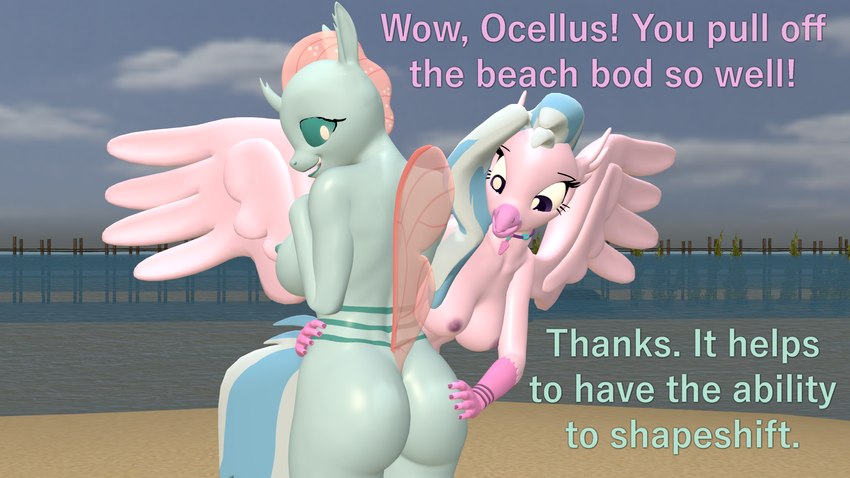 anthro anthrofied beach big_butt biped blue_body breasts butt duo eyelashes feathers female female/female hand_on_butt nipples nude pink_body pink_feathers text thick_thighs papadragon69 european_mythology friendship_is_magic greek_mythology hasbro my_little_pony mythology ocellus_(mlp) silverstream_(mlp) arthropod avian changeling hippogriff mythological_avian mythological_creature 16:9 3d_(artwork) digital_media_(artwork) english_text hi_res widescreen