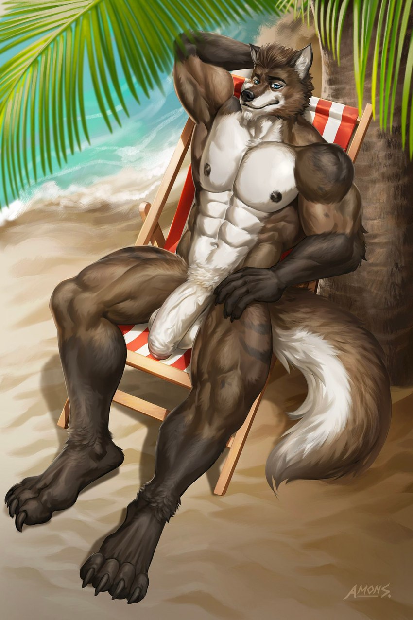 4_toes 5_fingers abs anthro athletic balls barefoot beach beach_chair biceps big_balls big_penis biped blue_eyes brown_body brown_fur brown_hair claws feet fingers flaccid foreskin fur genitals hair hairy hand_behind_head hand_on_leg hindpaw humanoid_genitalia humanoid_penis looking_at_viewer male multicolored_body multicolored_fur muscular muscular_anthro muscular_male muscular_thighs nails nipples palm_tree paws pecs penis plant pose seaside serratus sharp_nails sharp_toenails sitting solo tail tail_tuft toe_claws toenails toes tree triceps tropical tuft under_tree vein veiny_penis water white_body white_fur amon-sydonai canid canine canis mammal wolf digital_media_(artwork) hi_res watermark