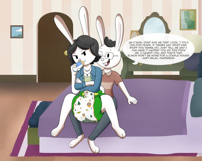 ageplay anthro baby_bottle bottle_feeding clean_diaper clothed clothing cuddling daddy_kink diaper diaper_fetish duo female infantilism male male/female roleplay text wearing_diaper imces elinor_wonders_why pbs mr._rabbit_(eww) ranger_rabbit lagomorph leporid mammal rabbit absurd_res english_text hi_res