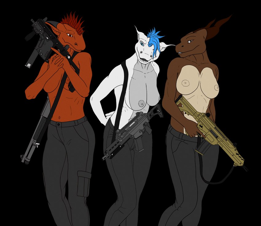 anthro assault_rifle big_breasts breasts clothed clothing female fx-05_xiuhcoatl g36 group gun hk_g36 kriss_vector m1014 nipples partially_clothed ranged_weapon rifle shotgun simple_background submachine_gun topless topless_female transparent_background trigger_discipline trio weapon rebeldragon101 heckler_and_koch mythology christa_(rebeldragon101) lur dragon mythological_creature mythological_scalie scalie alpha_channel