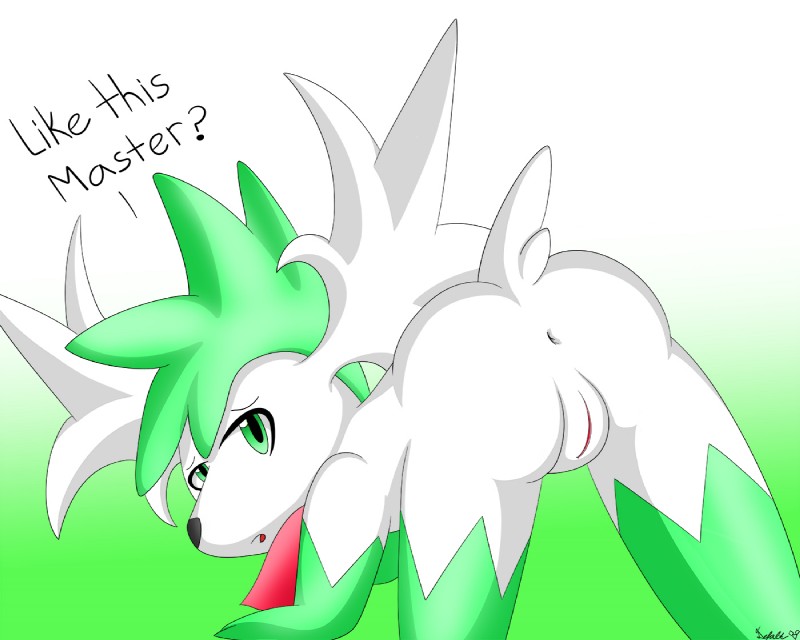 anus female feral fur genitals gradient_background green_hair hair happy looking_at_viewer master open_mouth ownership presenting presenting_pussy pussy simple_background solo submissive submissive_female teasing text white_body white_fur defalt nintendo pokemon generation_4_pokemon legendary_pokemon mammal pokemon_(species) shaymin sky_forme_shaymin 5:4