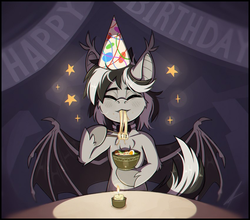 ambiguous_gender bat_wings birthday black_border black_hair blush blush_lines border bow_tie candle cheek_tuft chest_tuft chopsticks claws clothing cute_fangs ear_tuft eating egg eyes_closed facial_tuft fangs feral fire food fur grey_body grey_fur grey_hair hair hat headgear headwear hooves leg_tuft membrane_(anatomy) membranous_wings multicolored_hair noodles party_hat purple_hair purple_wings ramen spread_wings teeth tuft wing_claws wings midnightflight hasbro my_little_pony fan_character oldi_filmes_(oc) bat_pony equid mammal 2022 digital_media_(artwork) hi_res