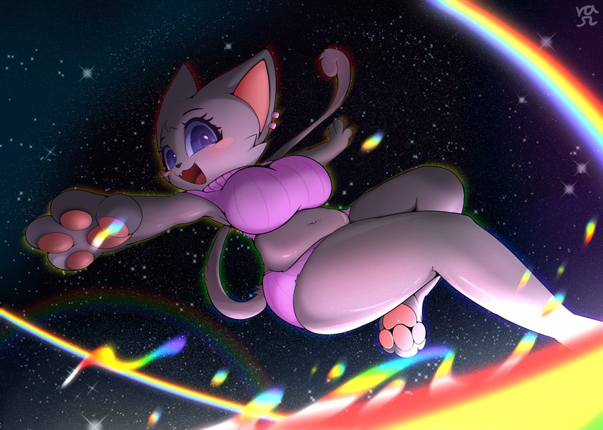 anthro blush breasts clothed clothing ear_piercing ear_ring eyebrows female fur glistening glistening_eyes glowing glowing_body grey_body grey_fur navel navel_piercing open_mouth pawpads paws piercing rainbow ring_piercing slightly_chubby smile solo space surfing sweater tail thick_thighs topwear ras2 nyan_cat_(copyright) nyan_cat domestic_cat felid feline felis humanoid mammal absurd_res digital_media_(artwork) hi_res meme