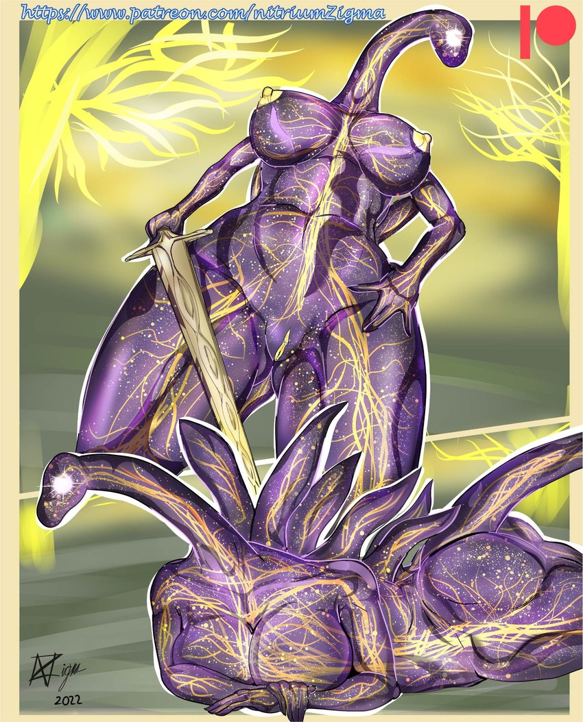 biped butt crossgender erdtree female genitals hand_on_hip holding_melee_weapon holding_object holding_sword holding_weapon low-angle_view lying melee_weapon nipples on_front plant purple_body pussy solo sword tree weapon yellow_body yellow_nipples yellow_pussy nitriumzigma elden_ring fromsoftware elden_beast_(elden_ring) deity monster 2022 digital_media_(artwork) hi_res