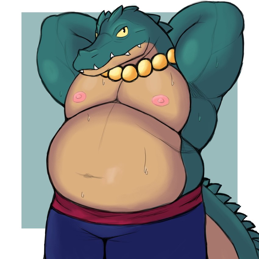 anthro bodily_fluids bottomwear clothed clothing hands_behind_head male multicolored_body musclegut muscular navel nipples partially_clothed solo sweat tail topless topless_anthro topless_male two_tone_body smush-sin rivals_of_aether master_cai alligator alligatorid crocodilian reptile scalie 2024 hi_res