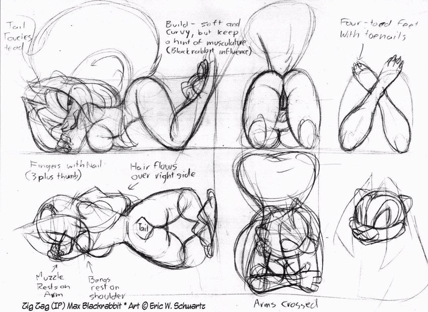 4_fingers 4_toes all_fours anthro ass_up back_boob bedroom_eyes bent_legs big_breasts breast_rest breasts crossed_arms crossed_legs feet female fingernails fingers front_view genitals hair head_turned high-angle_view long_hair looking_at_viewer multiple_angles nails narrowed_eyes pussy raised_tail rear_view seductive side_boob side_view simple_background solo tail text toenails toes under_boob white_background eric_schwartz zig_zag hybrid 2006 artist_name character_name english_text graphite_(artwork) guide_lines model_sheet traditional_media_(artwork)