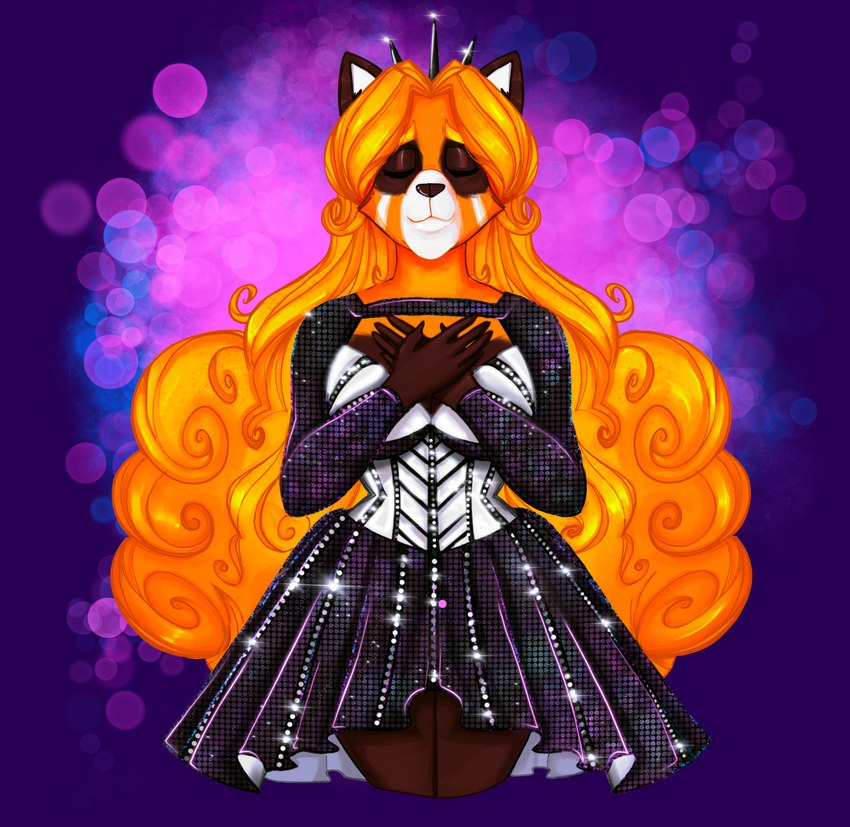 :3 brown_body brown_fur clothing crown curled_hair dress eyes_closed female fur hair hands_on_own_chest headgear long_hair orange_body orange_fur orange_hair queen royalty solo tiara white_body white_fur vixcoon six_(musical) jane_seymour ailurid mammal red_panda absurd_res hi_res