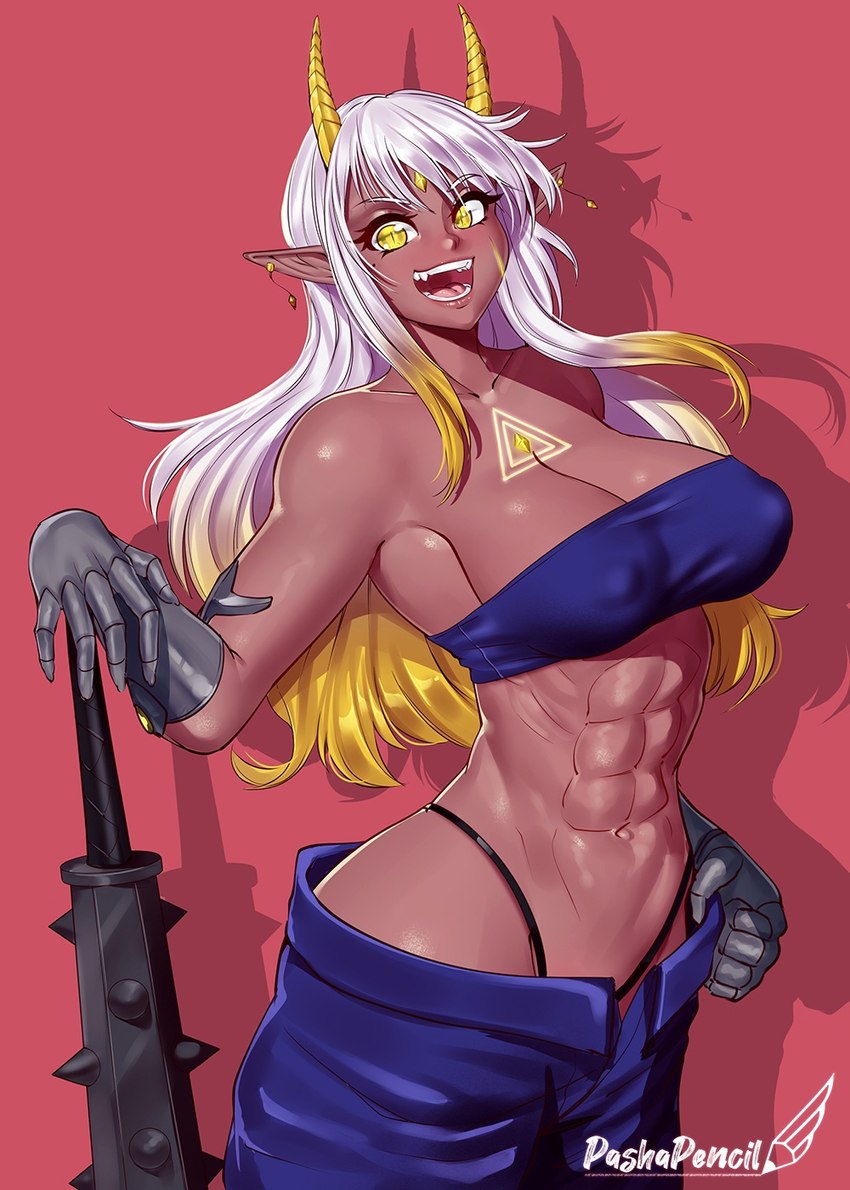 abs bandeau blonde_hair breasts clothing club_(weapon) female forehead_gem gem hair highleg highleg_bottomwear highlights_(coloring) horn humanoid_pointy_ears kanabō melee_weapon multicolored_hair muscular muscular_female navel nipple_outline not_furry open_mouth panties pointy_ears solo tan_body tan_skin thong_straps topwear tube_top underwear weapon white_hair yellow_eyes pashapencil asian_mythology east_asian_mythology japanese_mythology mythology demon humanoid oni yokai 2023 hi_res