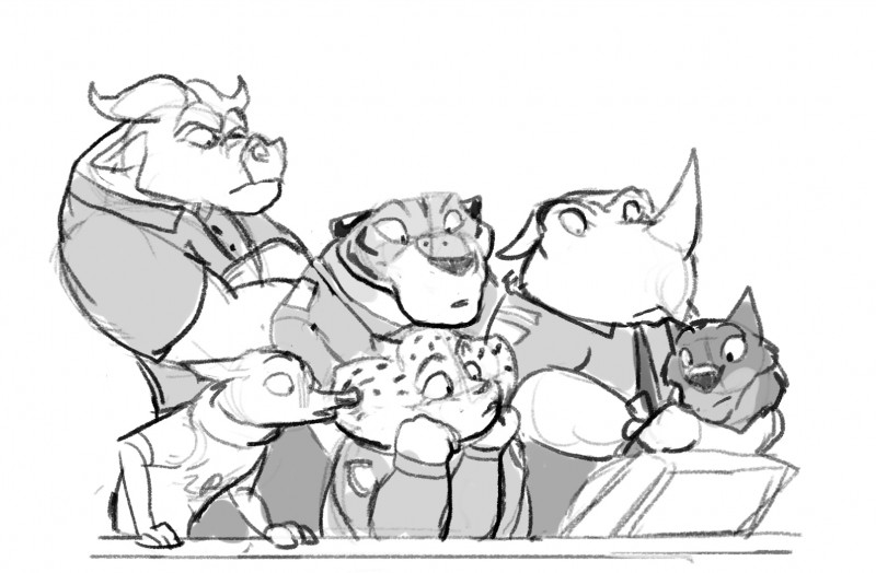 anthro anticipation clothing crossed_arms fur group hand_on_head horn male police police_uniform simple_background uniform white_background dravening disney zootopia benjamin_clawhauser chief_bogo officer_fangmeyer officer_mchorn officer_wolfard bovid bovine canid canine canis cape_buffalo cheetah felid feline mammal pantherine tiger wolf 2016 comic greyscale hi_res monochrome sketch