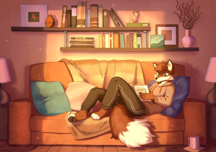 anthro bedding blanket book bottomwear brown_body brown_fur clothing coffee_mug detailed_background dipstick_tail fur furniture green_eyes lamp light light_beam male markings pants photo picture_frame pillow reading reading_book shelf sofa solo sunbeam sunlight sweatpants sweatshirt tail tail_markings tracksuit ruddi doppelfoxx yaxley_warrick_(doppelfoxx) arctic_fox canid canine cross_fox fox mammal red_fox true_fox absurd_res book_cover cover hi_res nonbinary_(lore)