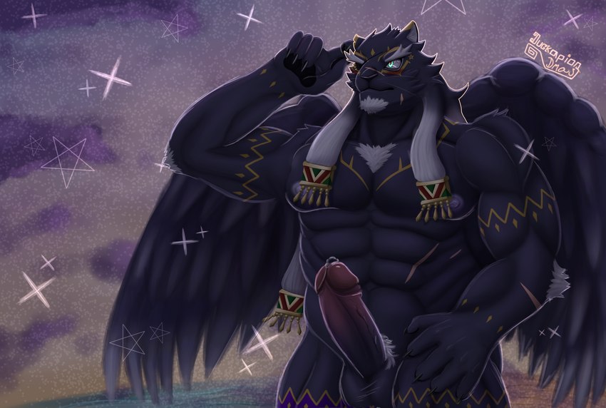 anthro balls blush chest_tuft claws dark_body dark_fur fur genitals green_eyes hair male melanistic muscular muscular_male nipples pecs penis solo tuft white_hair yellow_body yellow_fur duckaphion lifewonders tokyo_afterschool_summoners tezcatlipoca_(tas) felid feline jaguar mammal pantherine hi_res