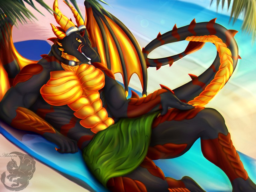 5_fingers abs anthro beach beach_towel biped black_body blurred_background claws day detailed_background finger_claws fingers horn licking licking_lips licking_own_lips looking_at_viewer male membrane_(anatomy) membranous_wings muscular muscular_anthro muscular_male pecs reclining red_body sea seaside solo tail teeth tongue tongue_out towel water wings yellow_body yellow_eyes alanora mythology karrthus dragon mythological_creature mythological_scalie scalie 4:3