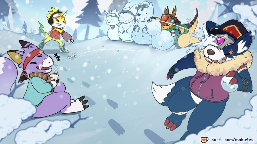 anthro armor blue_body blue_fur claws clothing earmuffs eyes_closed eyewear feet forehead_gem fur gem goggles grin group headgear helmet jacket male purple_body purple_fur smile snow snowball snowball_fight snowman text topwear yellow_body yellow_fur maku4es bandai_namco digimon digimon_(species) dorumon loogamon pulsemon ryudamon x-digimon 2025 absurd_res flat_colors hi_res url