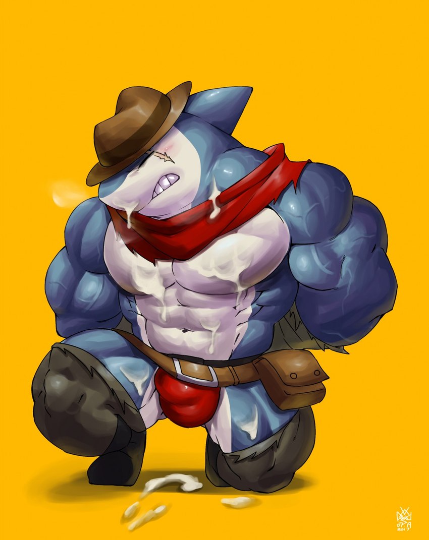 abs anthro belt biceps blue_body bodily_fluids bound bulge clothing cum cum_on_body cum_on_face eyes_closed genital_fluids hands_tied hat headgear headwear male muscular muscular_anthro muscular_male pecs scar scarf solo teeth torn_clothing underwear vein veiny_muscles vorusuarts level-5 yo-kai_watch indiana_jaws_(yo-kai_watch) fish marine shark hi_res