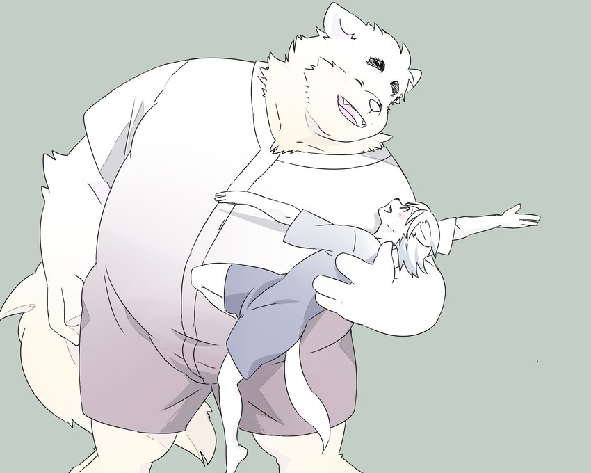 anthro clothed clothing dancing duo humanoid_hands kemono male overweight overweight_male simple_background size_difference inunoshippo canid canine canis domestic_dog mammal 2023 5:4 hi_res