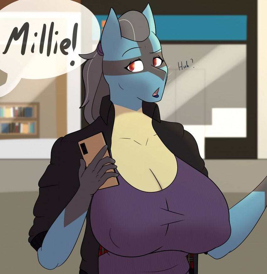 anthro big_breasts breasts cellphone clothed clothing dialogue electronics female fully_clothed mall mature_female offscreen_character phone public purple_clothing purple_shirt purple_topwear shirt solo speech_bubble topwear jigglephysics nintendo pokemon millie_(jigglephysics) generation_4_pokemon lucario pokemon_(species) hi_res