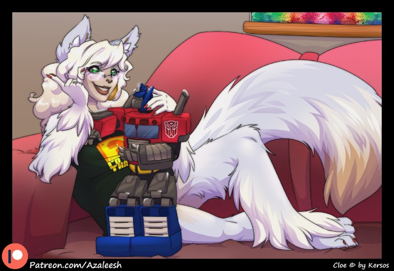 autobot blue_eyes breasts claws clothed clothing duo eyewear faceplate female fluffy fur furniture glasses green_eyes hair long_fur long_hair lying machine male on_back simple_background sitting smile sofa standing teeth text white_body white_fur azaleesh hasbro takara_tomy transformers cloe optimus_prime animal_humanoid cybertronian felid feline humanoid living_machine mammal robot werecat werecreature werefelid werefeline 2018 digital_media_(artwork) url