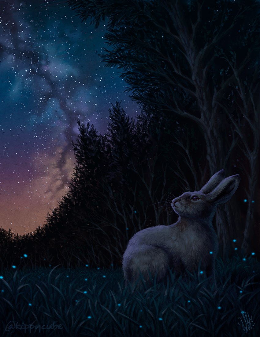 blurred_foreground female feral forest glistening glistening_eyes grass long_ears looking_back looking_up night outside plant sky solo star starry_sky tall_grass tree whiskers kippycube snowaurus hare lagomorph leporid mammal 2022 detailed digital_media_(artwork) signature watermark