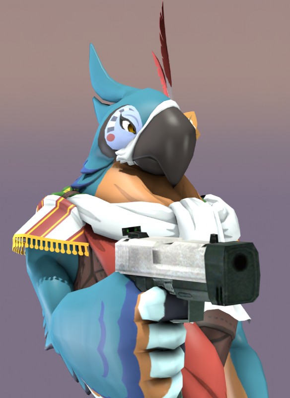 ambiguous_gender anthro beak black_beak blue_body blue_feathers brown_eyes clothing feathered_crest feathers gun handgun head_crest humor markings multicolored_body multicolored_feathers pistol ranged_weapon simple_background solo unimpressed weapon dekania breath_of_the_wild delet_this nintendo the_legend_of_zelda kass_(tloz) avian bird rito 2017 3d_(artwork) digital_media_(artwork) lol_comments meme reaction_image source_filmmaker_(artwork)