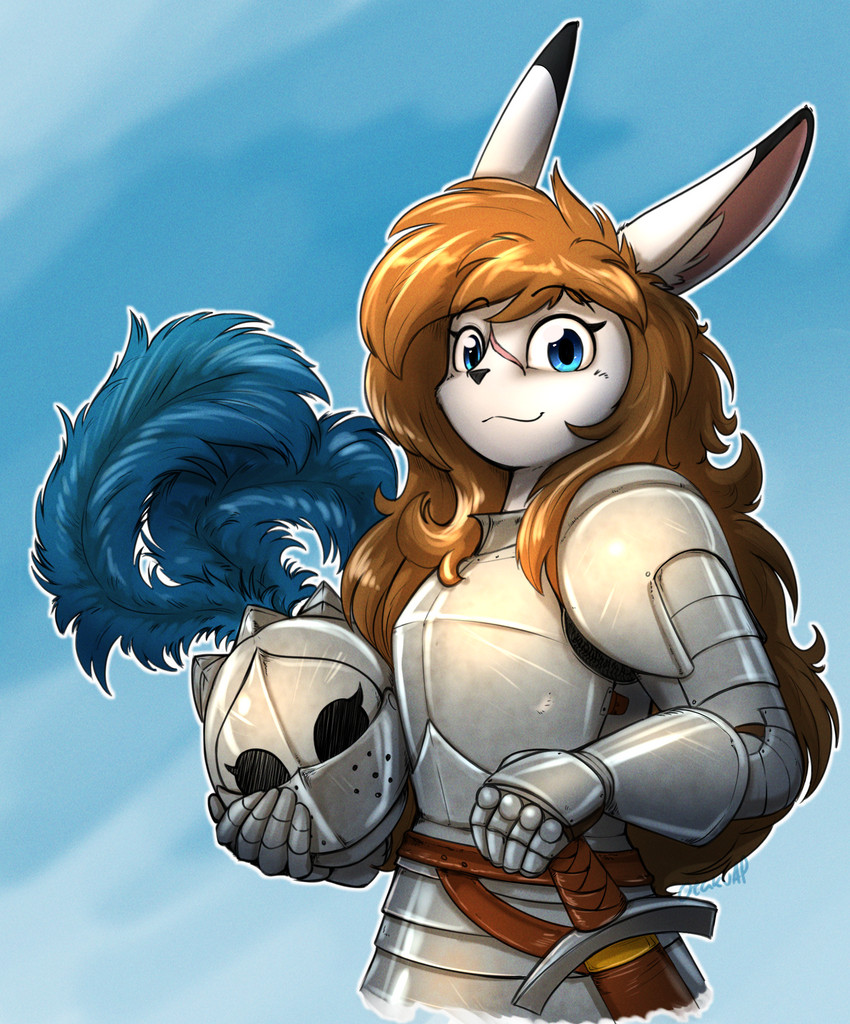 anthro armor blue_background blue_eyes brown_hair facial_scar female gradient_background hair headgear helmet knight long_hair looking_at_viewer melee_weapon scar simple_background smile solo sword warrior wavy_mouth weapon otakuap aleanora armorbun lagomorph leporid mammal rabbit 2020 digital_media_(artwork) hi_res signature