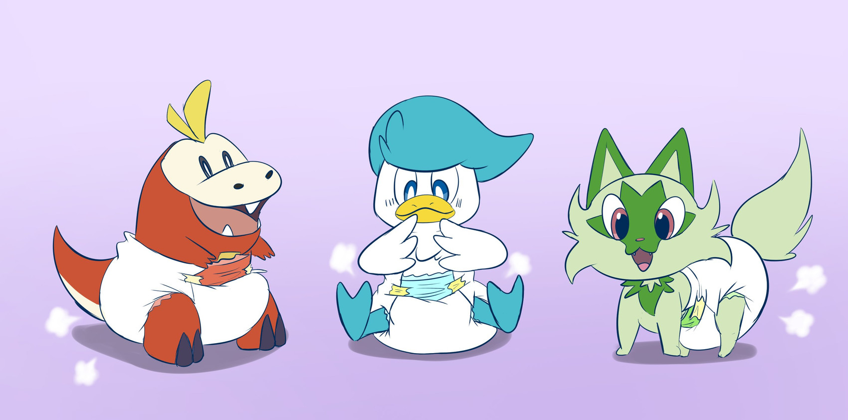 2_toes 3_fingers ambiguous_gender anthro beak blue_body blue_feathers blush blush_lines clean_diaper clothed clothing cloud_emanata diaper diaper_only diaper_puff emanata fangs feathers feet feral fingers front_view fur gradient_background green_body green_fur green_inner_ear green_tail group looking_down open_mouth open_smile pink_nose red_body red_tail simple_background sitting smile standing tail tan_body tan_tail teeth three-quarter_view toes topless trio two_tone_tail wearing_diaper white_body white_diaper white_feathers yellow_beak fang29 nintendo pokemon fuecoco generation_9_pokemon pokemon_(species) quaxly sprigatito 2022 hi_res