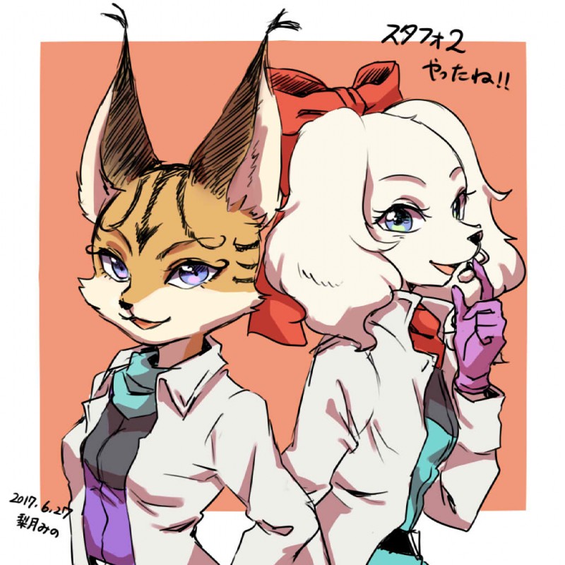 anthro clothing duo female kemono text s_mino930 nintendo star_fox fay_(star_fox) miyu_(star_fox) bird_dog canid canine canis cocker_spaniel domestic_dog felid feline hunting_dog lynx mammal spaniel 1:1 2017 japanese_text