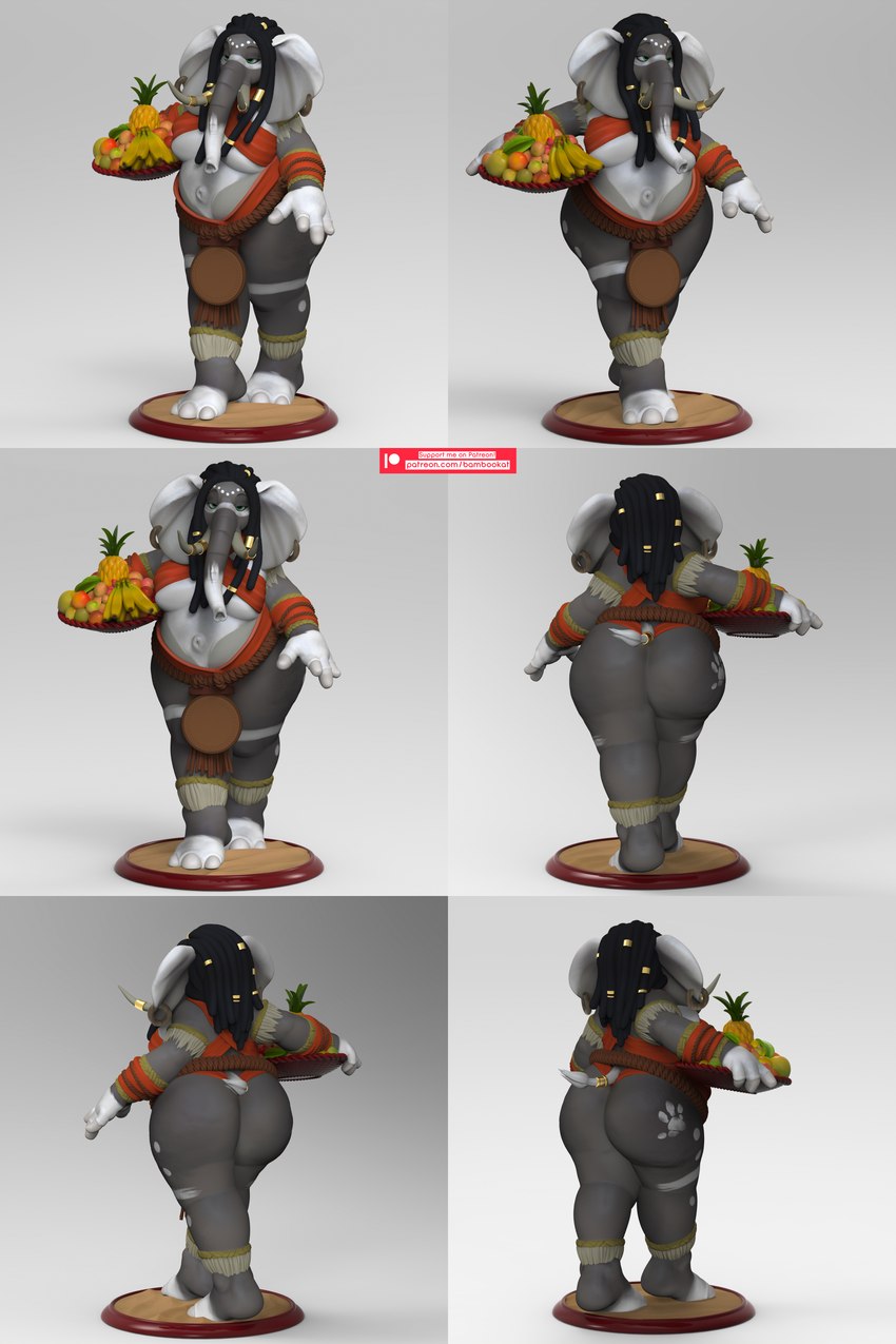 anthro big_breasts big_butt breasts butt dreadlocks ear_piercing ear_ring female food fruit piercing plant platter ring_piercing thick_thighs tusks under_boob wide_hips bambookat elephant elephantid mammal proboscidean 2:3 3d_(artwork) absurd_res digital_media_(artwork) hi_res