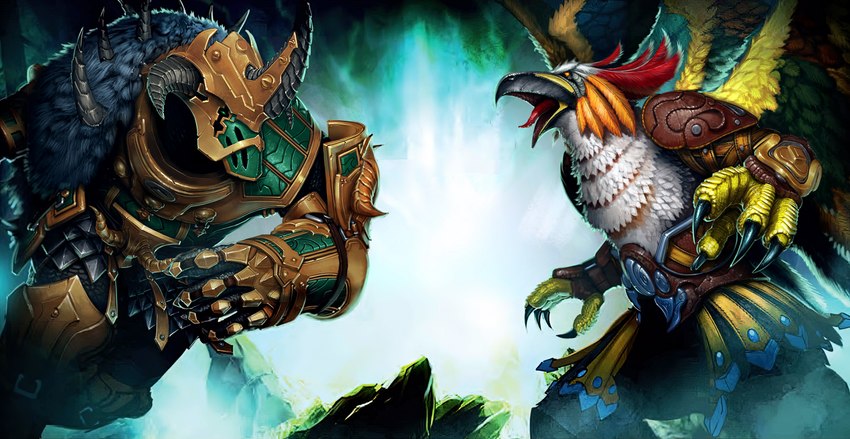 anthro armor duo fight male multi_wing warrior wings unknown_artist runescape armadyl bandos accipitrid accipitriform avian aviansie bird deity 2013 absurd_res hi_res official_art