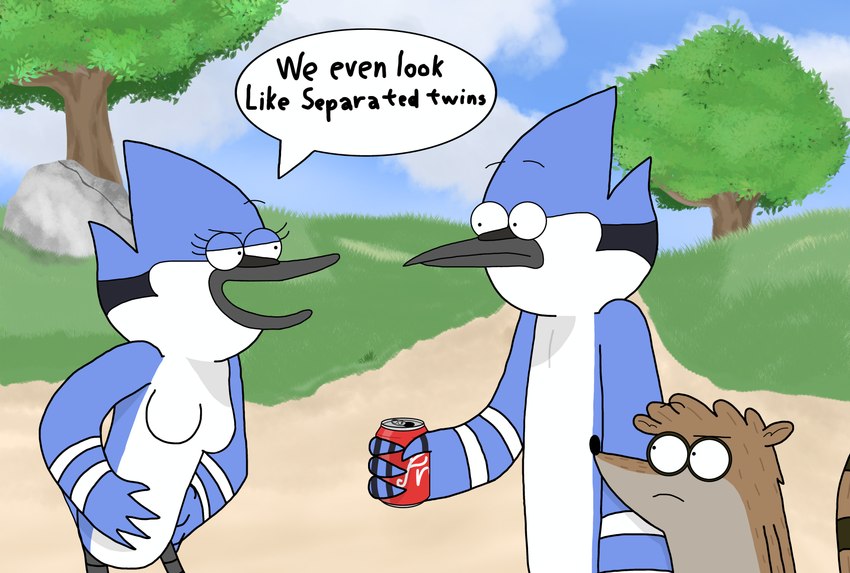 anthro blue_body breasts crossgender dialogue female fur group looking_at_another male plant rock smile tail text tree trio mr._maestrello cartoon_network regular_show mordecai_(regular_show) rigby_(regular_show) avian bird blue_jay canid canine canis corvid jay_(bird) mammal new_world_jay oscine passerine procyonid raccoon 2024 absurd_res digital_drawing_(artwork) digital_media_(artwork) english_text hi_res huge_filesize