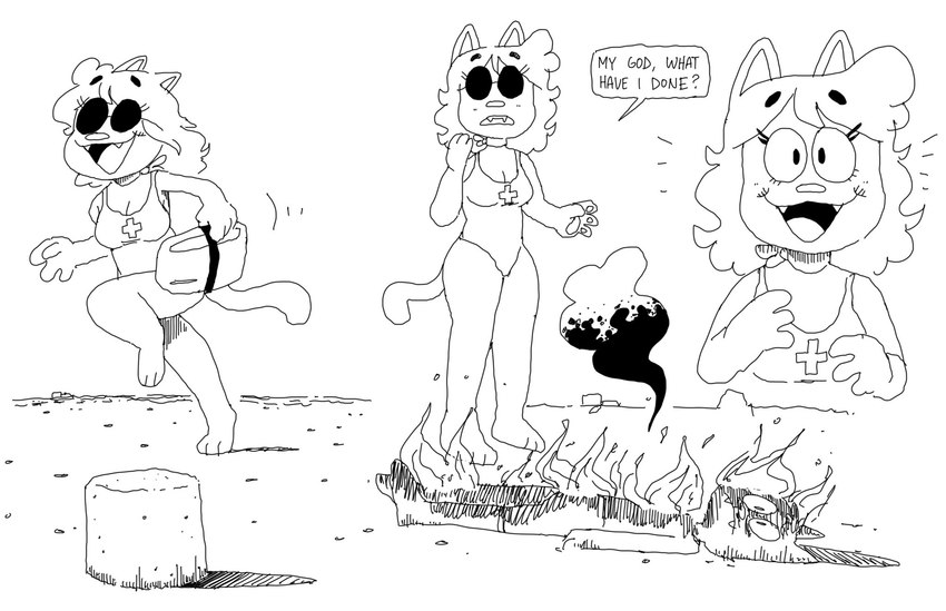 anthro barefoot biped burning burning_alive clothed clothing duo feet female hair long_hair looking_at_viewer lying male on_back open_mouth outside pawpads paws running smoke speech_bubble sunglasses_on_face swimwear text creator_ant amy_(creator_ant) domestic_cat felid feline felis mammal 2022 black_and_white english_text hi_res monochrome