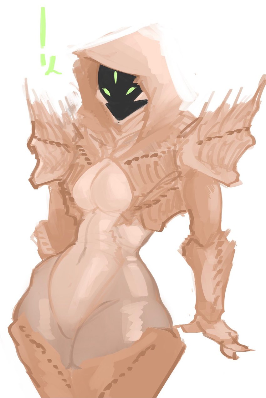 3_eyes 3_fingers armor biped breastplate breasts cleavage cleavage_cutout clothed clothing cutout empty_eyes exclamation_point exoskeleton featureless_crotch female fingers front_view glistening glistening_body glistening_skin green_eyes hood leg_armor looking_at_viewer medium_breasts midriff mostly_nude multi_eye natural_armor navel not_furry pauldron simple_background solo spiked_armor spikes spikes_(anatomy) standing tan_body tan_exoskeleton tan_skin thick_thighs unconvincing_armor white_background wide_hips spookyboi destiny_(video_game) alien alien_humanoid hive_(destiny) humanoid featureless_(disambiguation) 2021 colored_sketch digital_drawing_(artwork) digital_media_(artwork) hi_res portrait sketch three-quarter_portrait